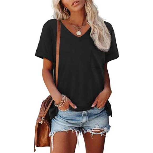 Womens T Shirts 2025 Short Sleeve V-Neck Shirts Cute Fit Summer Casual Tee Tops - Picture 7 of 7
